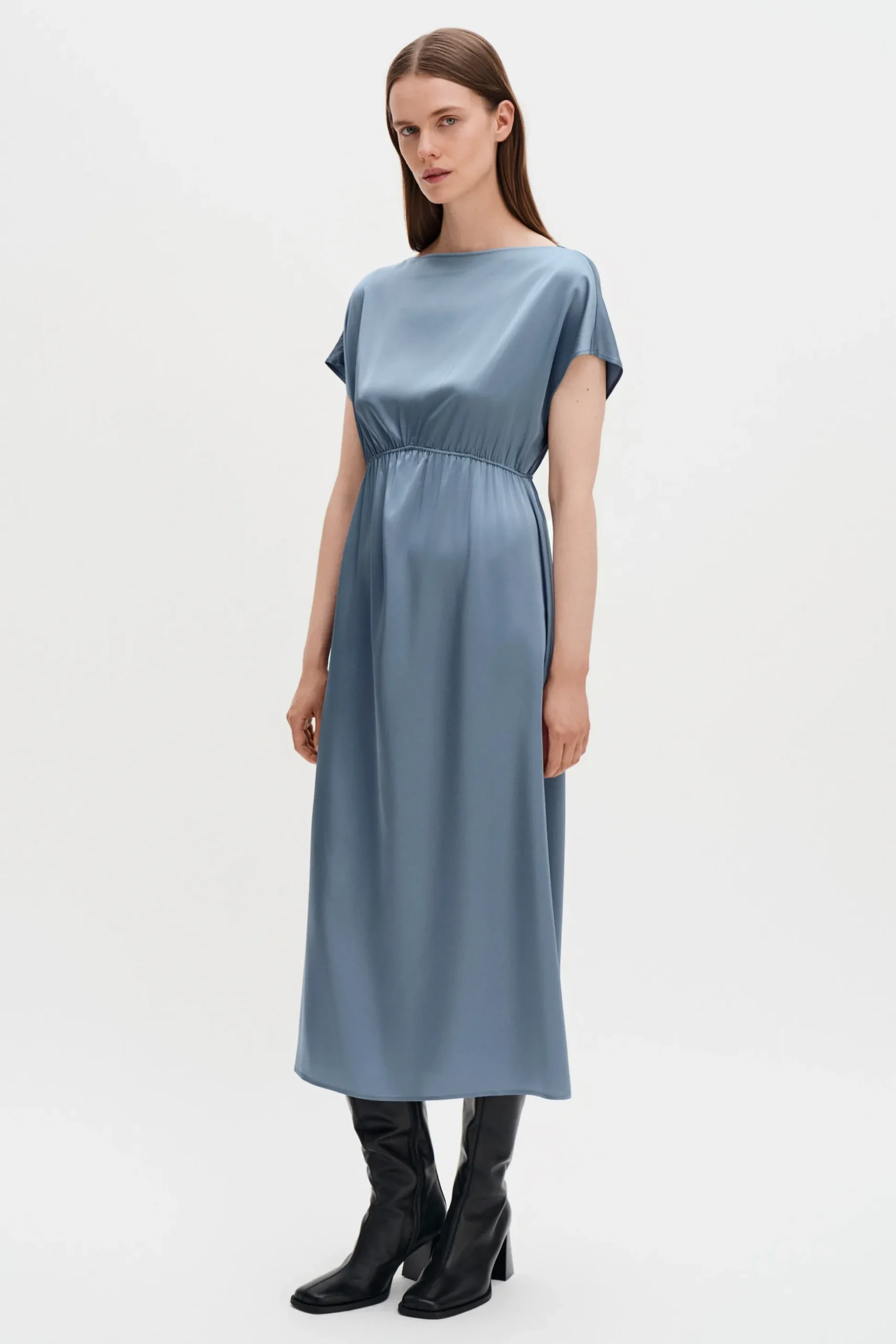 Gathered Kimono Boatneck Dress